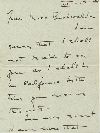 Autograph Letter Signed, 3 adjoining pages 8vo, n.p. (but postmarked Hartford, Connecticut), February 17, 1944.