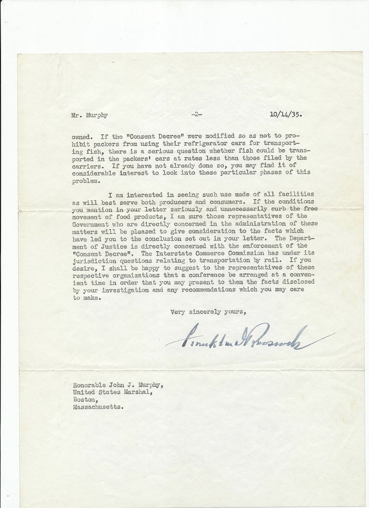 Item #4194 Typed Letter SIGNED deciding a legal issue , on White House stationery bearing watermark of Presidential seal, from aboard the "U.S.S. Houston," 2 separate 4to pp, Oct. 14, 1935. FRANKLIN DELANO ROOSEVELT.