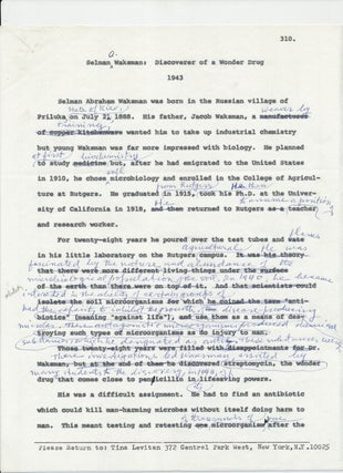 "Selman Waksman: Discoverer of a Wonder Drug 1943." Autobiographaical Typed Document Signed and. SELMAN WAKSMAN.