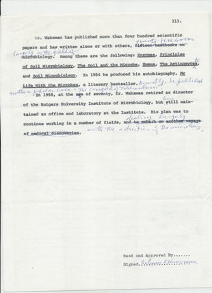 "Selman Waksman: Discoverer of a Wonder Drug 1943." Autobiographaical Typed Document Signed and two typed letters signed on the development of antibiotics.