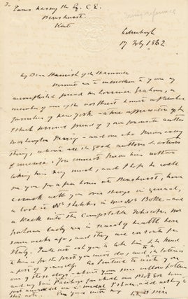 Archive of three Autograph Letters SIGNED, two to fellow painters, David Roberts and Edward William Cooke and one to engineer, inventor and artist, James Nasmyth, each on blind embossed "Royal Scottish Academy of Painting & Sculptor" folded stationery, 8vo, Edinburgh, each dated July 17, 1862, and each with Royal Scottish Academy envelope bearing the Academy's embossed emblem.