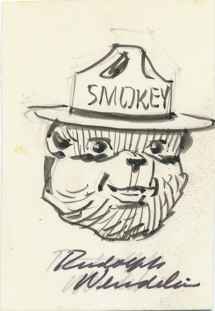 Item #4307 Original pen and ink SIGNED Drawing, showing the smiling face of Smokey the Bear, on a card measuring 2 x 3 inches. RUDOLPH WENDELIN.