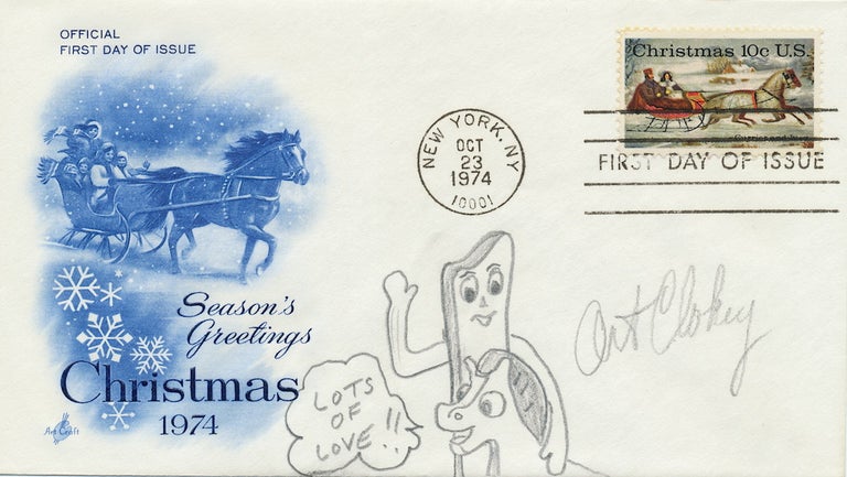 Item #4312 ORIGINAL ART SIGNED, on First Day Cover honoring Christmas 1974, issue stamp, "New York, N.Y., Oct. 23, 1974." ART CLOKEY.