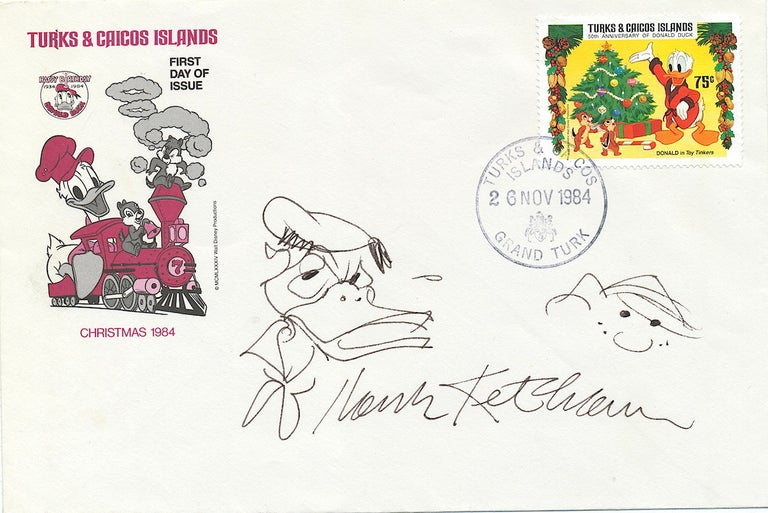 Item #4318 SIGNED Original Cartoon Sketches by Hank Ketcham of his most popular character, Dennis The Menace and also of Donald Duck on large First Day Cover, Nov. 26, 1984. HANK KETCHAM.