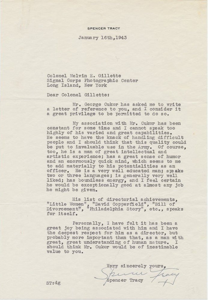 Item #4340 Typed Letter SIGNED on behalf of George Cukor, 4to on personal printed stationery, n.p., January 16, 1943. SPENCER TRACY.