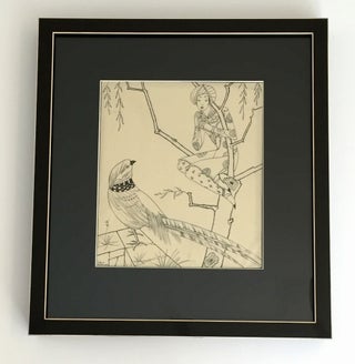 Item #4387 ORIGINAL ART SIGNED. Pen and black ink on fine mesh paper attached to a board with...