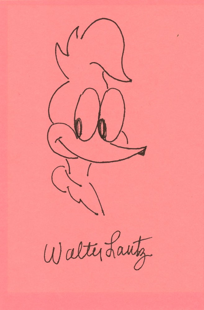 Item #4396 ORIGINAL ART SIGNED. Original Hand Colored Drawing Signed, oblong on pink 4 x 6 inch index card on the unlined side. WALTER LANTZ.