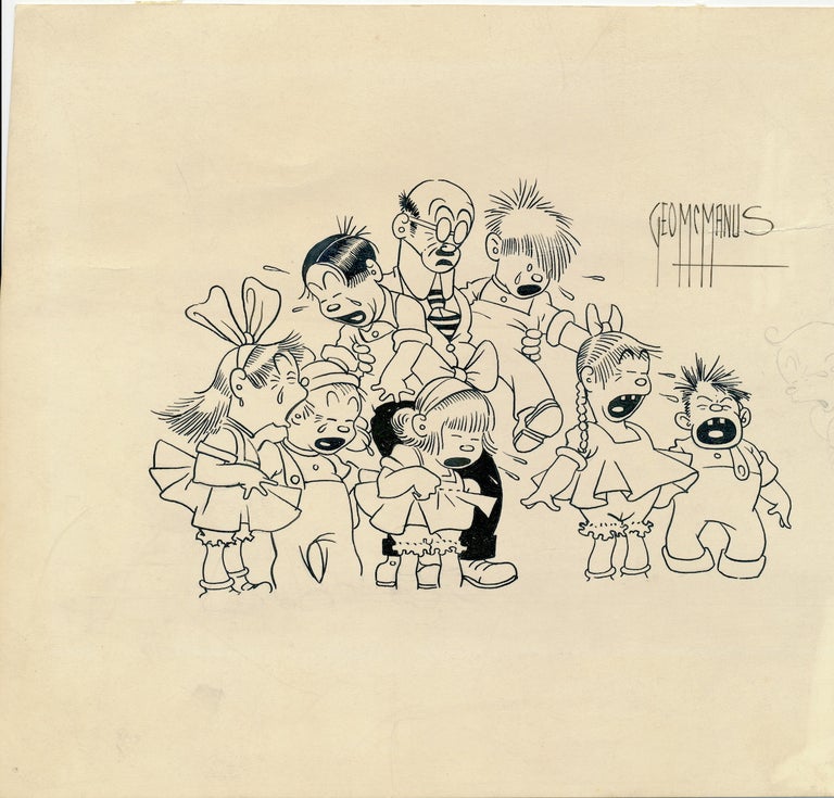 Item #4399 ORIGINAL ART SIGNED. Pen and ink Sketch of eight characters from "Bringing Up Father" with Snookums drawn in pencil peeping in from the right, 8 x 9 inch card stock unevenly cut. Signed, "From Geo. McManus." Some soiling, tape on verso from prior mounting and pencil docketing "circa 1933" GEORGE McMANUS.