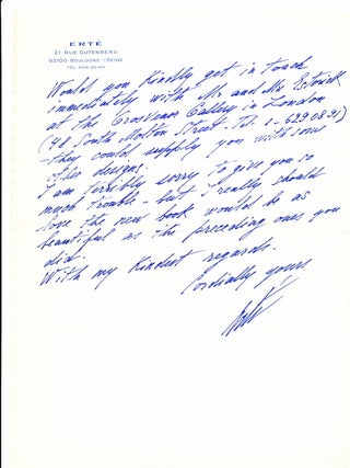 Erte discusses Illustrations for his Costume Book in a detailed autograph letter signed.