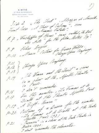 Erte discusses Illustrations for his Costume Book in a detailed autograph letter signed.