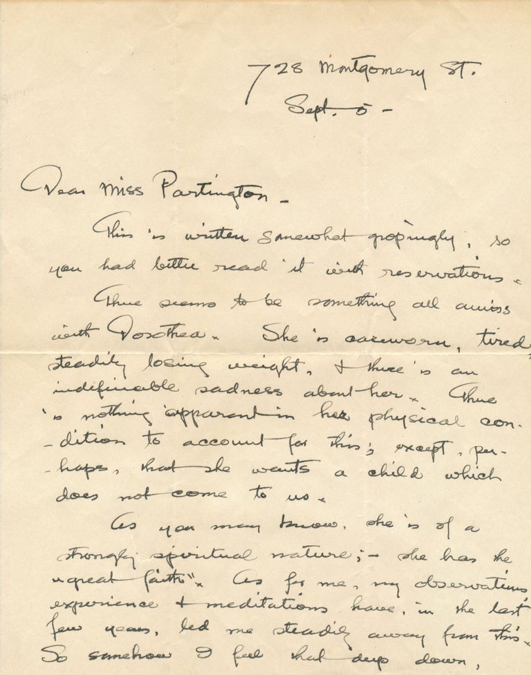 Item #4425 DIXON, MAYNARD Scarce Autograph Letter SIGNED about DOROTHEA LANGE. Dorothea Lange MAYNARD DIXON.