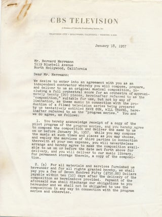 HERRMANN, BERNARD. "Have Gun Will Travel" Signed Letter and Signed Document.