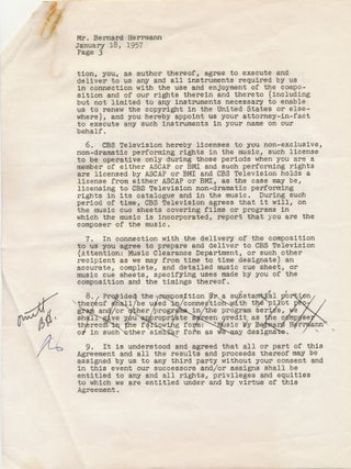 HERRMANN, BERNARD. "Have Gun Will Travel" Signed Letter and Signed Document.