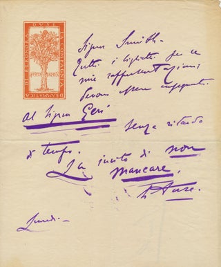 Autograph Letter SIGNED on the emblematic stationery of her dramatic company, in Italian, 1. ELEONORA DUSE.