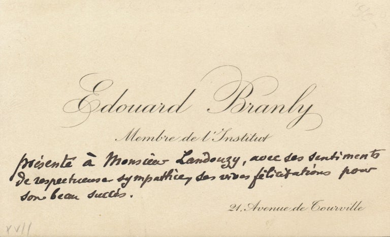Item #4442 Autograph Note on Visiting Card, in French. EDOUARD BRANLY.