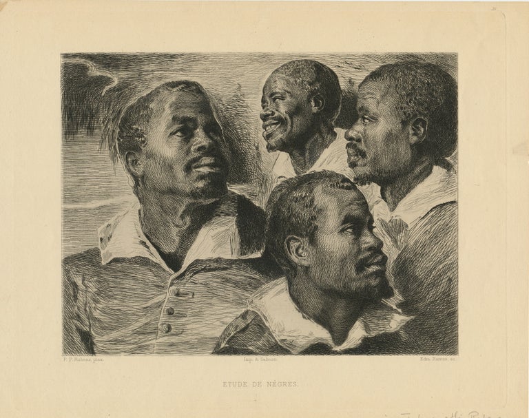 Item #4449 Original Etching titled, “Etudes des Negres”, published by Alfred Salmon, approx. 10 1/2 x 8 3/8 inches on cream colored Japanese style paper. "Edm. Ramus, sc" is printed under the right lower corner of the image. Under the left lower corner, "P.P. Rubens, poinx." is printed and and in the middle "Imp. A. Salmon" who printed this etching. Docketed on lower right in pencil, "original etching after Rubens." A striking image. EDMOND RAMUS.