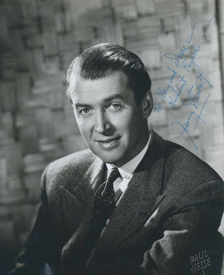 Item #4603 Photograph SIGNED, studio photograph by Hollywood photographer Paul Hesse , 7.5 x 9.5 inches, mat finish, inscribed and signed, undated. Hesse's raised stamp shows in the lower right corner. The photograph appears to have been trimmed. JAMES STEWART.