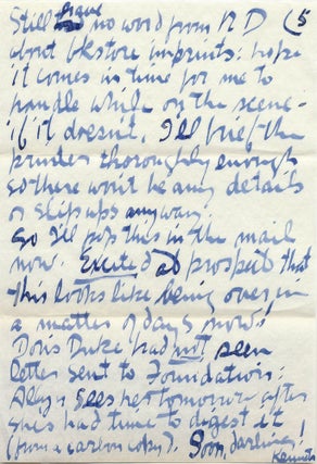 Informative Autograph Letter SIGNED, 5 separate 4to pages written to "Mrs. Kenneth Patchen" on accompanying envelope, postmarked, March 20, 1958.
