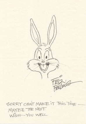 Item #4635 Bugs Bunny sketch SIGNED with note, on 6 x 8.5 fine paper. FRIZ FRELENG