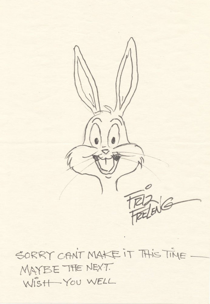 Item #4635 Bugs Bunny sketch SIGNED with note, on 6 x 8.5 fine paper. FRIZ FRELENG.