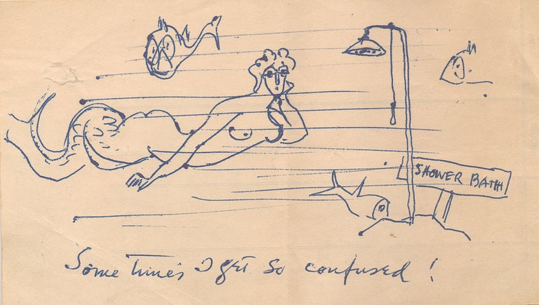 Item #4641 "Sometimes I Get So Confused!" says the mermaid in Walt Kuhn's humorous sketch rendered in pen and ink on the back of an accounting pad sheet, 4 x 7 inches. Unsigned. WALT KUHN.