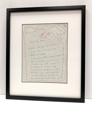Item #4652 Intriguing drawing SIGNED of a fish swimming within the red border of a letter....