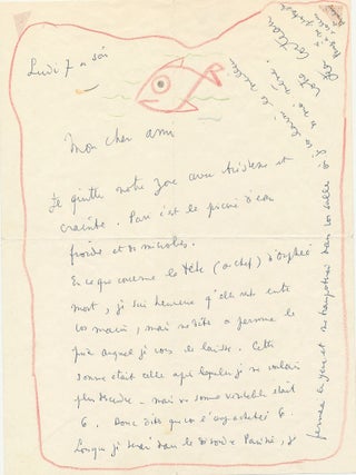 Intriguing drawing SIGNED of a fish swimming within the red border of a letter.