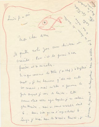 Intriguing drawing SIGNED of a fish swimming within the red border of a letter. Cocteau writes about the price of a drawing "concerning the head of dead Orpheus." and alludes to his photographs of Arthur Rimbaud.