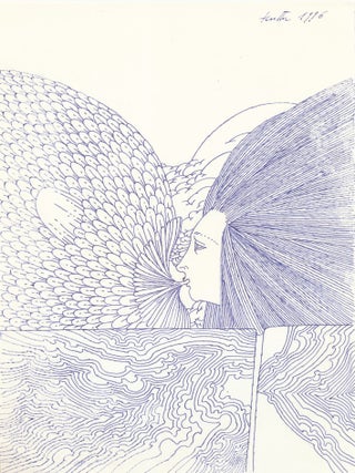 Original drawing signed and dated, 1996, rendered in pen and ink on white artists' board, measures 6.1 x 8.8 inches.
