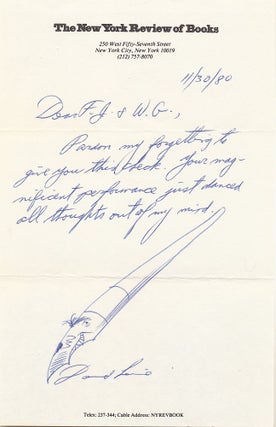 Sketch of his classic fountain pen with a face for the nib at the end of an Autograph Letter Signed on "New York Review of Books" stationery, 8vo, New York, Nov. 30, 1980.