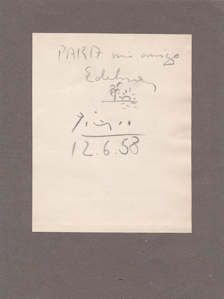 Item #4667 PICASSO, PABLO. ORIGINAL Line Drawing with Autograph Note Signed. PABLO PICASSO.