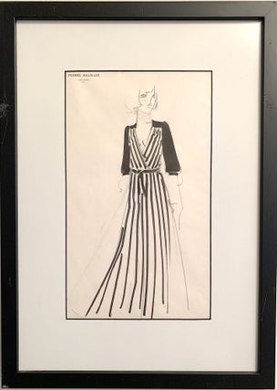 Item #4690 A pair of hand drawn fashion sketches on Balmain stationery, water color and ink....