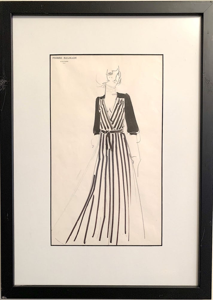 Item #4690 A pair of hand drawn fashion sketches on Balmain stationery, water color and ink. PIERRE BALMAIN.