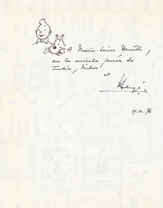 Item #4692 SIGNED Drawing of Tintin and Milou [Snowy], 11 3/4 x 8 1/2 inches, Oct. 19, 1976....