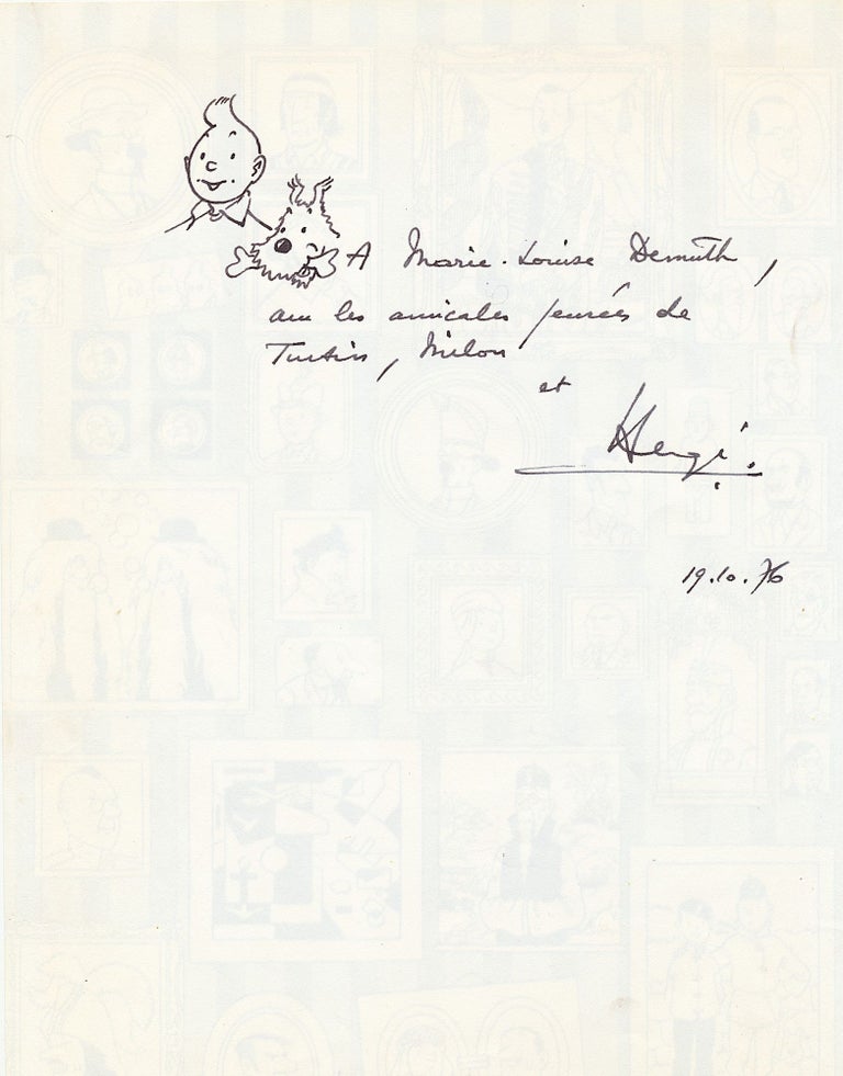 Item #4692 SIGNED Drawing of Tintin and Milou [Snowy], 11 3/4 x 8 1/2 inches, Oct. 19, 1976. Georges Prosper Remi HERGÉ.