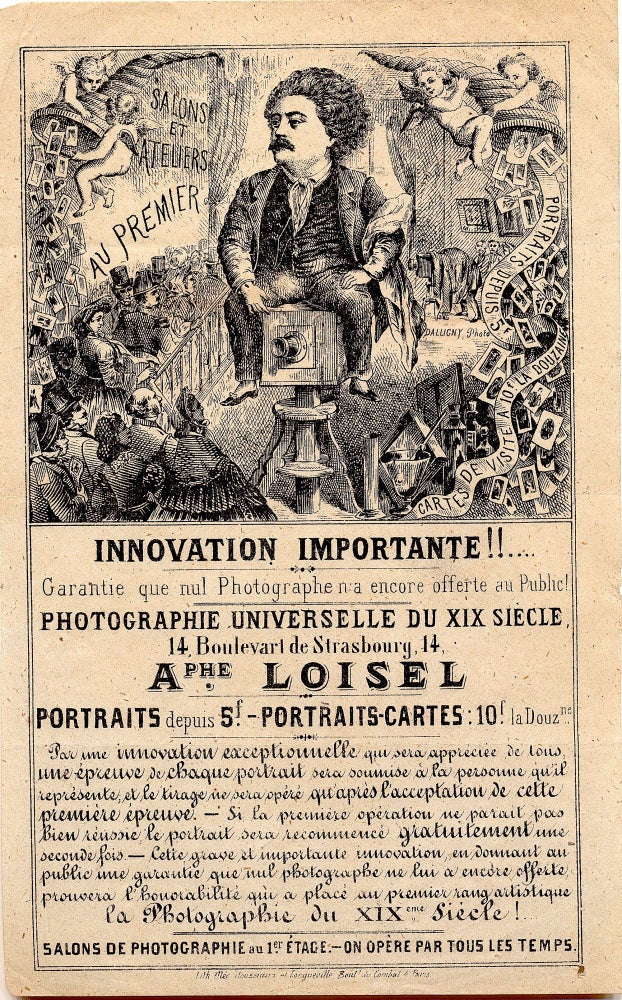 Item #4694 Photography Broadside advertising "Photography Universal Du XIX Cecile," Paris, ca 1860s. Paris 1860s PHOTOGRAPHY BROADSIDE.