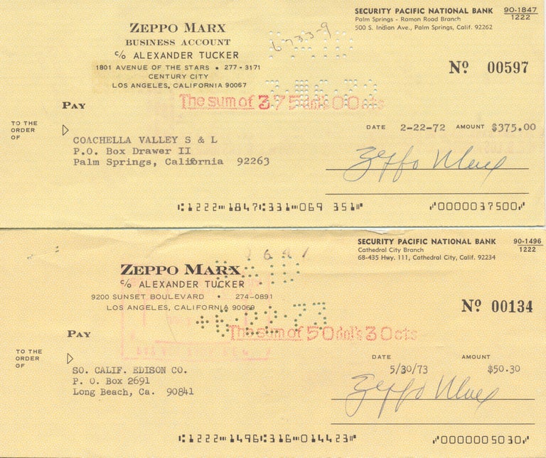 Item #4701 A Pair of SIGNED Personalized Checks, Los Angeles, CA, Feb. 22, 1972 and May 30, 1973. HERBERT MANFRED ZEPPO MARX.