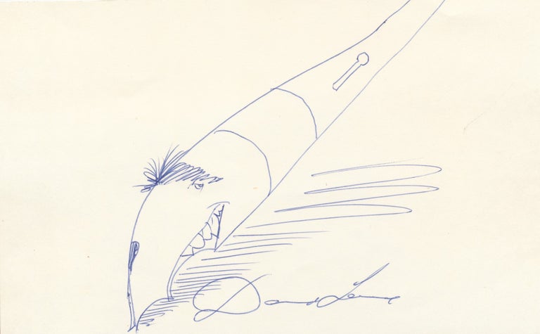 Item #4702 Sketch by Levine of his classic fountain pen with the artist's face forming the pen's nib, Signed. DAVID LEVINE.