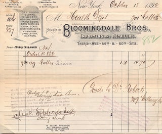 A Pair of “Bloomingdale Bros.” invoices to the New York City Dept. of Health for. 1890'S BLOOMINGDALE BROS.” INVOICES.