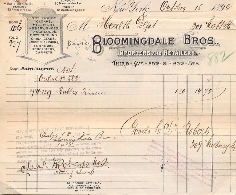 Item #4704 A Pair of “Bloomingdale Bros.” invoices to the New York City Dept. of Health for purchases of “Rubber Tissue,” October 15, 1892 and of “2 Bureaus,” August 28, 1896, each with a different design. 1890'S BLOOMINGDALE BROS.” INVOICES.