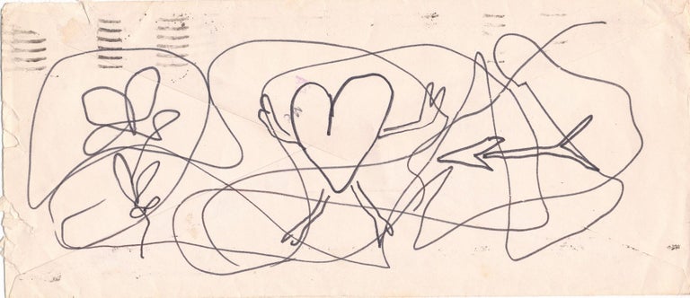 Item #4720 Original Art, unsigned sketch, on back of a typed self addressed business envelope, postmarked April 30, 1975. Henry Charles Bukowski CHARLES BUKOWSKI.