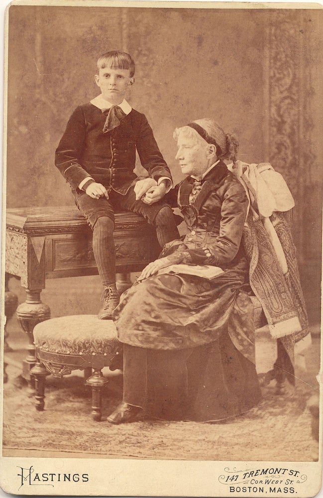 Item #4727 Cabinet photograph. Hastings, Boston. Stowe was photographed with her grandson. Rules of reproducing the photograph stamped on verso with cropping notation in pencil. Condition: Overall very good condition with slight wear to corners and some soiling on verso. www.schulsonautographs.com. HARRIET BEECHER STOWE.