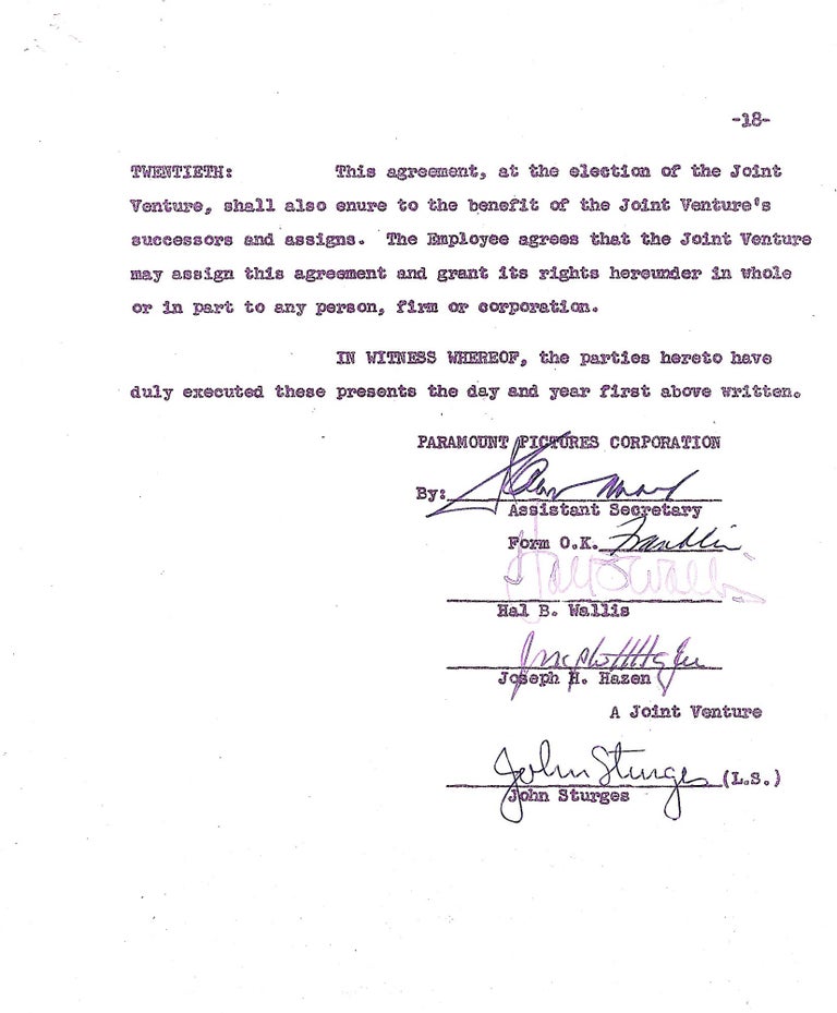 Item #4733 SIGNED Director’s Contract for "Gunfight at the O.K. Corral," 18 pp, 4to, , n.p., Feb. 15, 1956. JOHN STURGES.