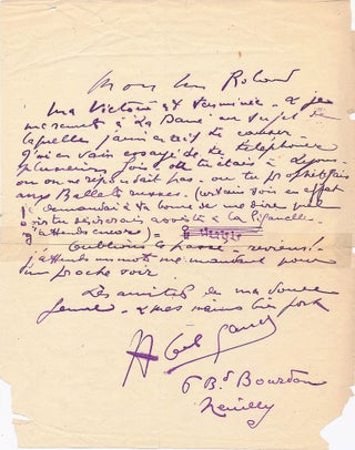 Item #4741 Early Autograph Letter SIGNED with Musical Quotation, in French, 4to, Neuilly, n.d,....
