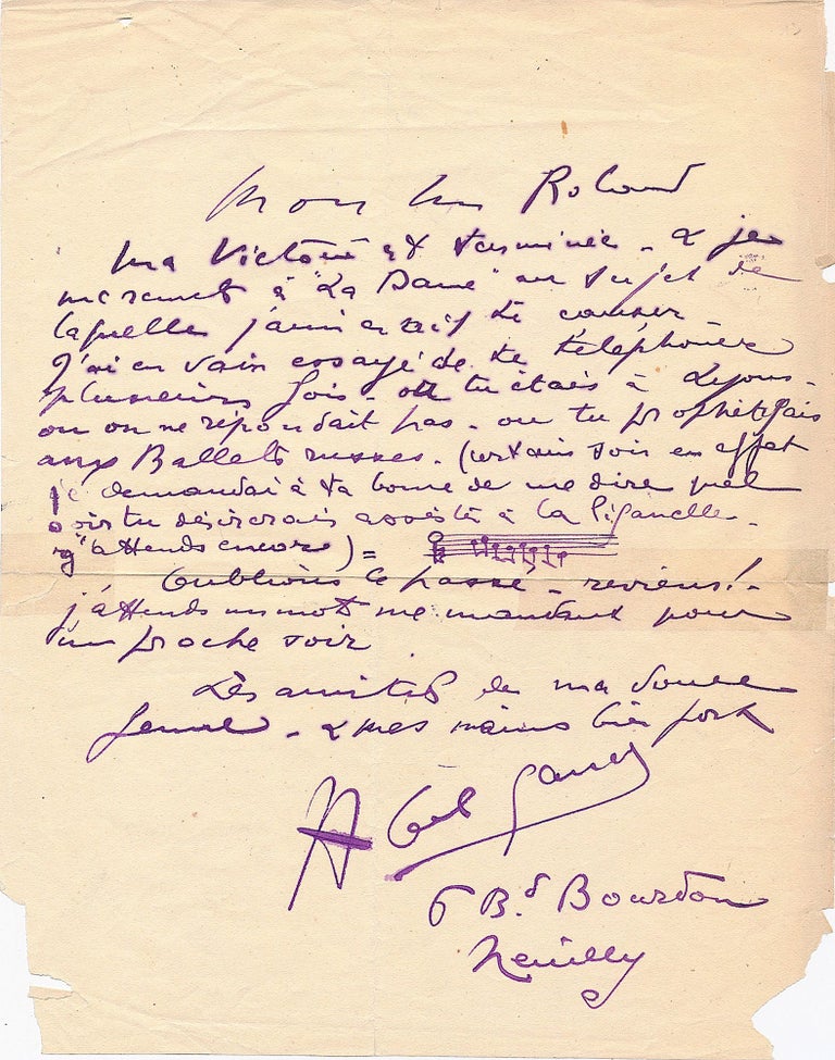 Item #4741 Early Autograph Letter SIGNED with Musical Quotation, in French, 4to, Neuilly, n.d,. but 1913. ABEL GANCE.