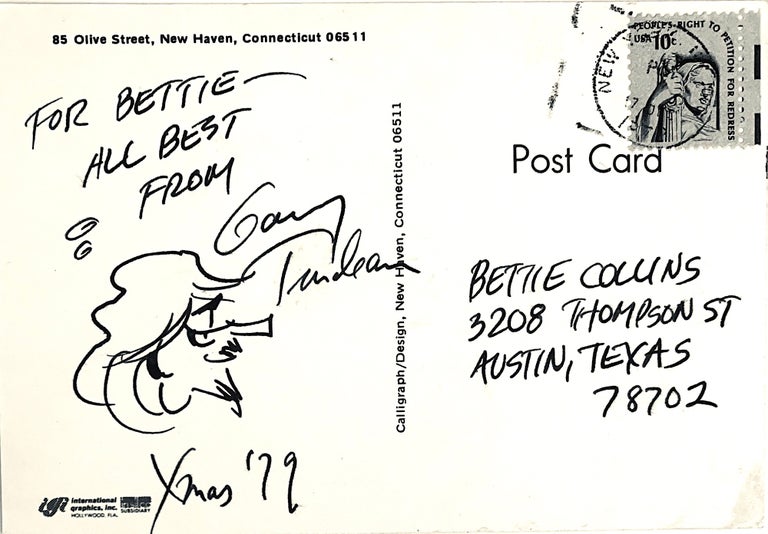 Item #4798 TRUDEAU, GARRY. Doonesbury's Zonker Harris Signed Sketch, on a postcard, "Xmas '79." GARRY TRUDEAU.