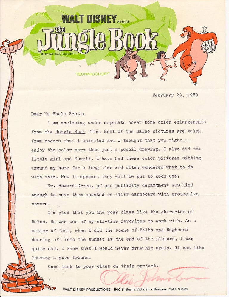 Item #4821 OLLIE JOHNSTON. Archive of fvie SIGNED LETTERS, two Autograph Letters Signed and three Typed Letters Signed, all relating to Disney's film, "The Jungle Book," or "Disney Animation: The Illusion of Life," Disney Studios 1981 book on animation, Oliver Martin Johnston Jr OLLIE JOHNSTON.