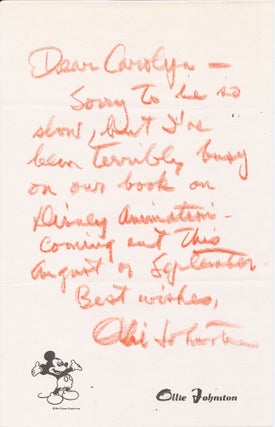 OLLIE JOHNSTON. Archive of fvie SIGNED LETTERS, two Autograph Letters Signed and three Typed Letters Signed, all relating to Disney's film, "The Jungle Book," or "Disney Animation: The Illusion of Life," Disney Studios 1981 book on animation,