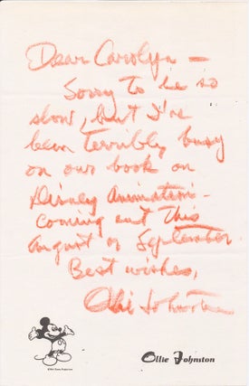OLLIE JOHNSTON. Archive of fvie SIGNED LETTERS, two Autograph Letters Signed and three Typed Letters Signed, all relating to Disney's film, "The Jungle Book," or "Disney Animation: The Illusion of Life," Disney Studios 1981 book on animation,