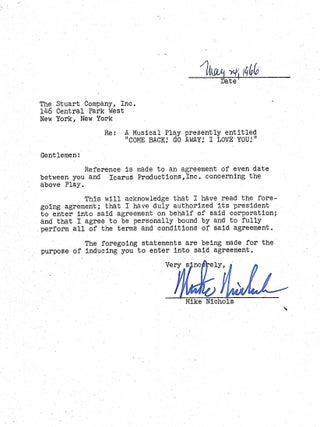 MIKE NICHOLS. Signed Theater Documents, "The Apple Tree. "